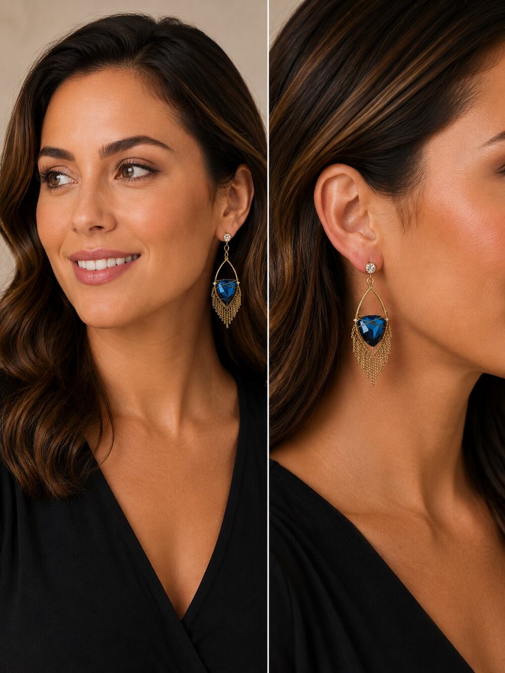 Vintage Gold Tone Blue Stone Fringe Chandelier Earrings